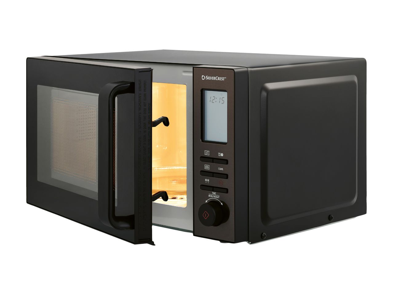 SilverCrest microwave oven with an open door, displaying the time 12:15.