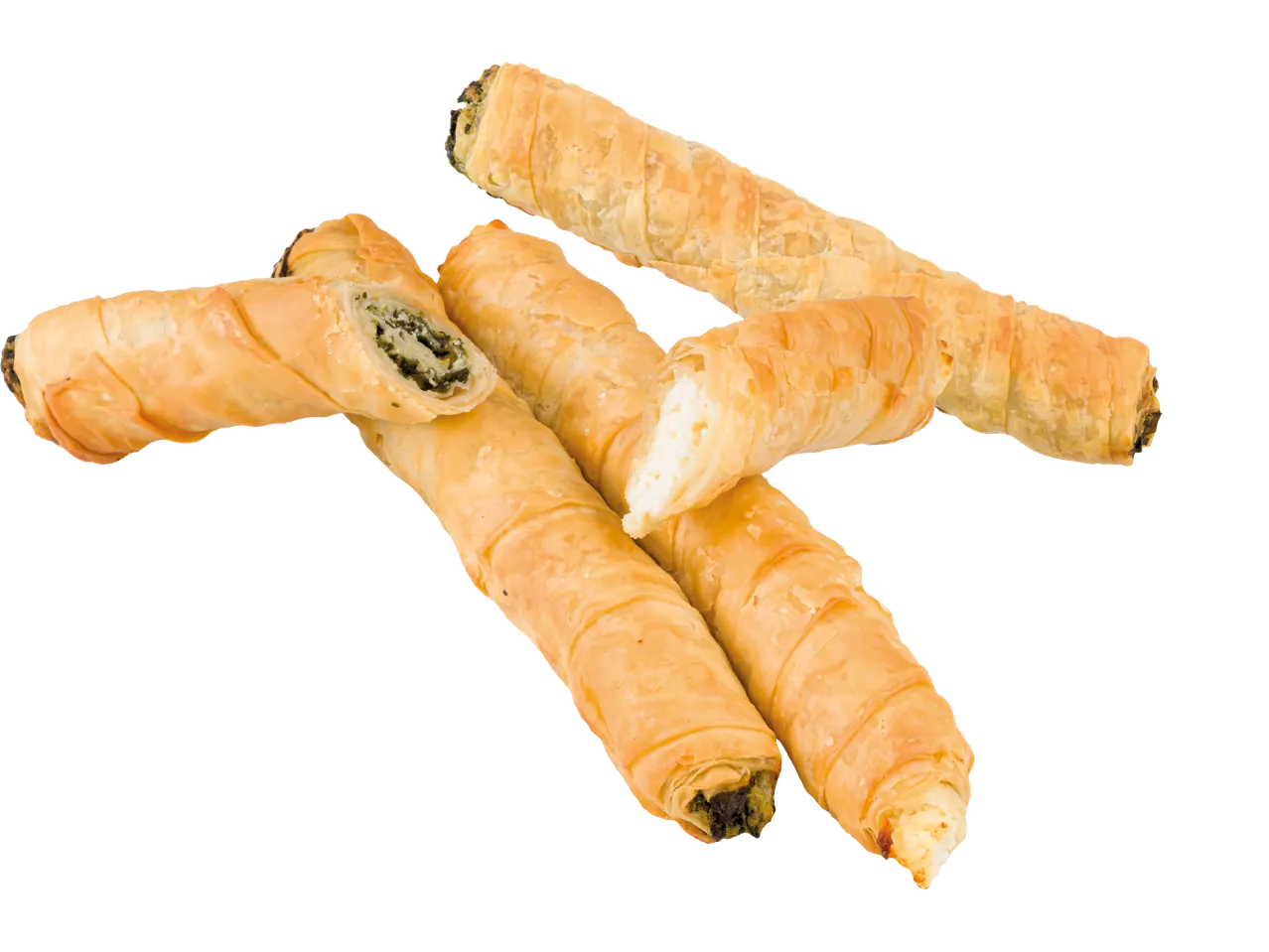 Fem gyllene smördegspiroger, varav två är fyllda med spenat och tre med ost.