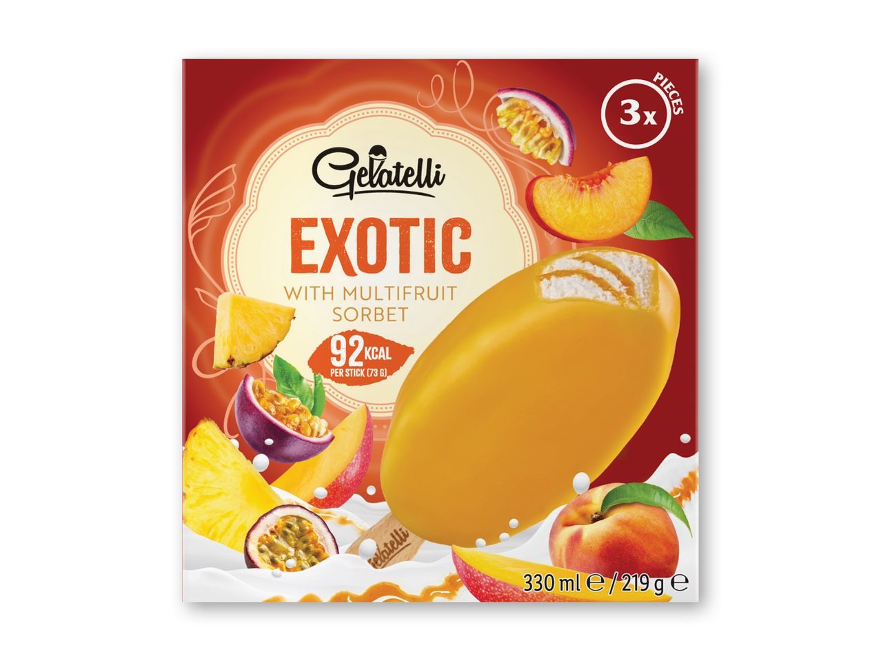 Glace Exotisk ispinde med mango, passionsfrugt og fersken.