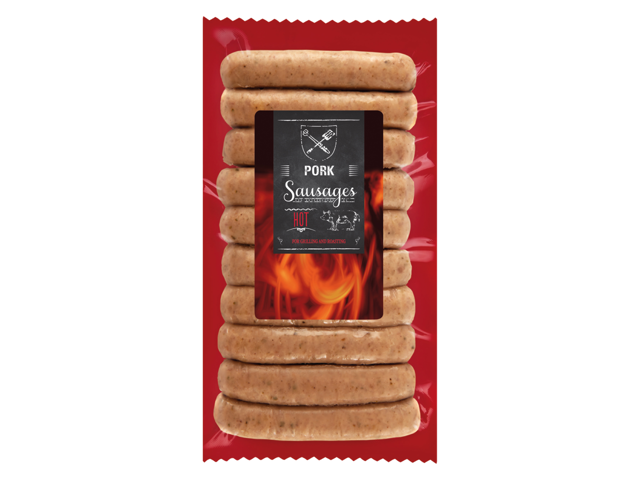 Iepakojums ar karstām cūkgaļas desām grilēšanai un cepšanai.