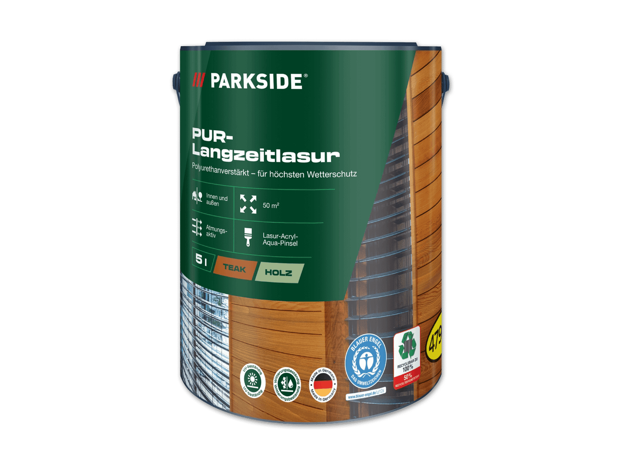 Ein Parkside PUR-Langzeitlasur-Behälter mit Teak- und Holzfarbenoptionen.
