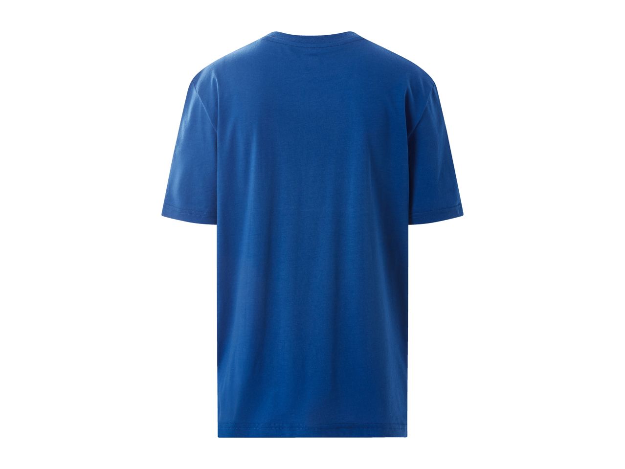 Back view of a plain blue short-sleeved t-shirt.