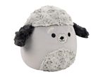 A light grey plush toy with dark grey ears and a fluffy light grey top and belly.