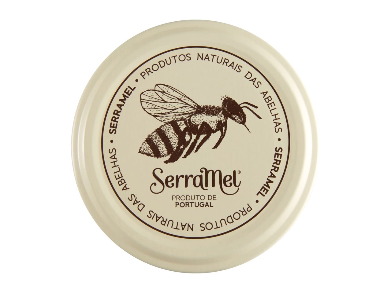 Round lid with a bee illustration and text about natural bee products from Portugal.