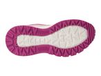 Bottom view of a pink and white athletic shoe with a textured sole.