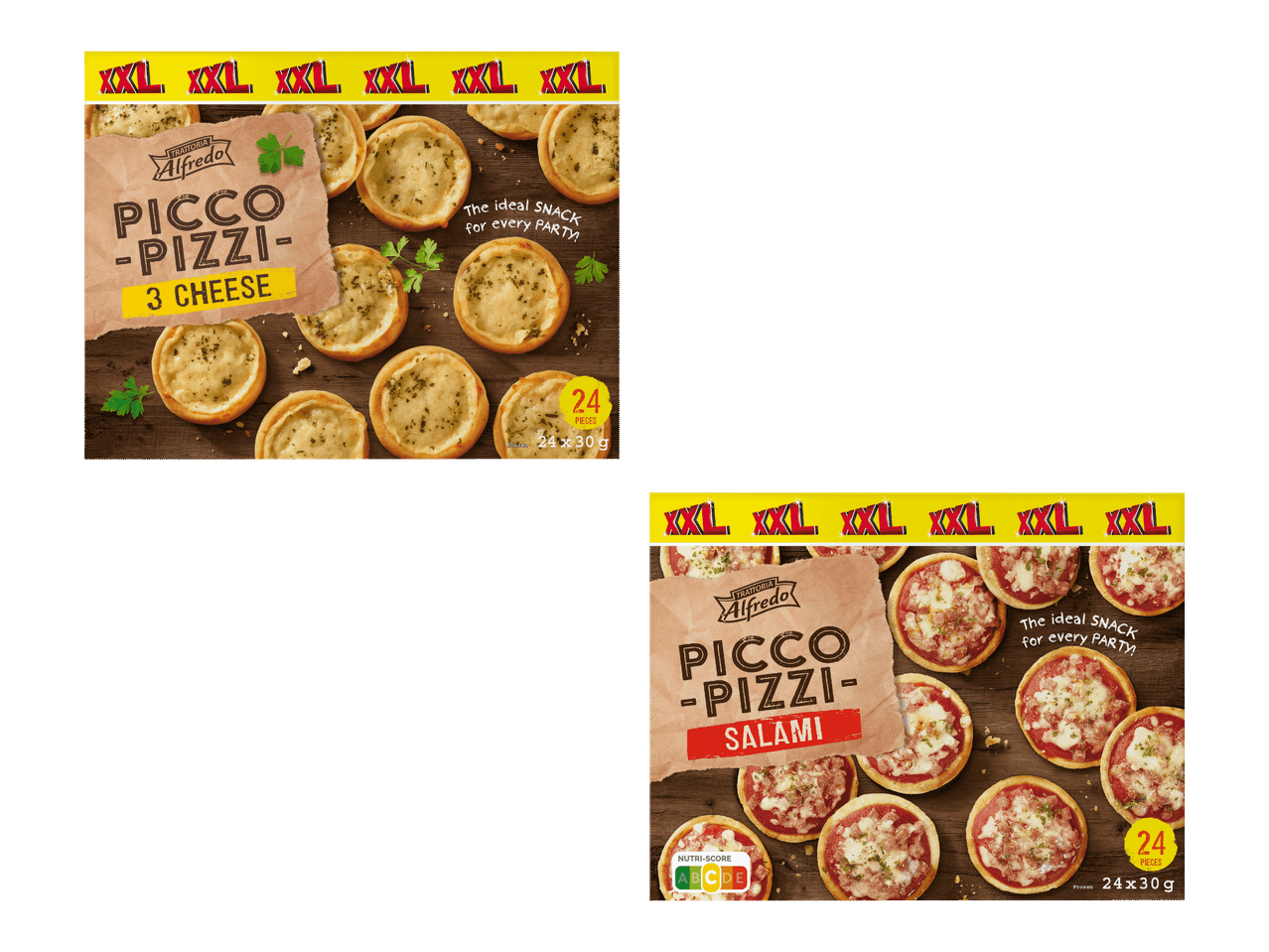 Kaksi pakkausta pieniä pizzoja, toinen kolmella juustolla ja toinen salamilla, molemmissa 24 kappaletta.