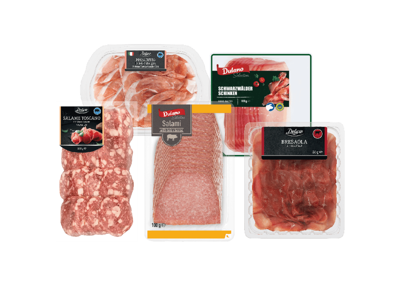 Įvairūs „Dulano Selection“ ir „Deluxe“ mėsos gaminiai, įskaitant kumpį, saliamį ir bresaolą.