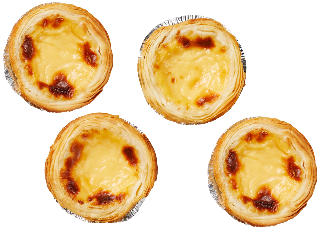 Fyra portugisiska äggkaks-pastejer.