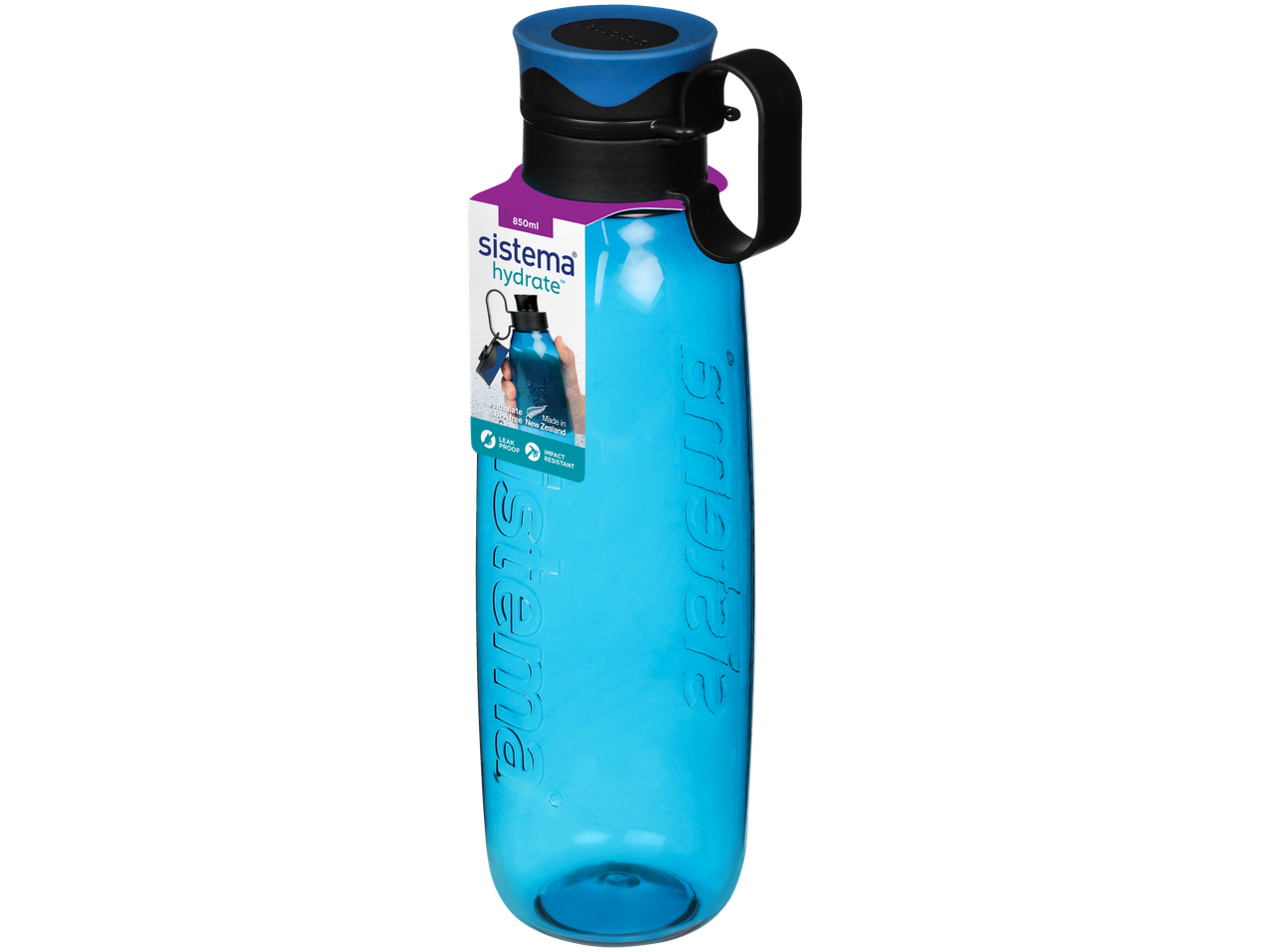 Sistema Hydrate 850ml blue water bottle with a black and blue lid and handle.