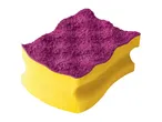 A purple and yellow cleaning sponge.