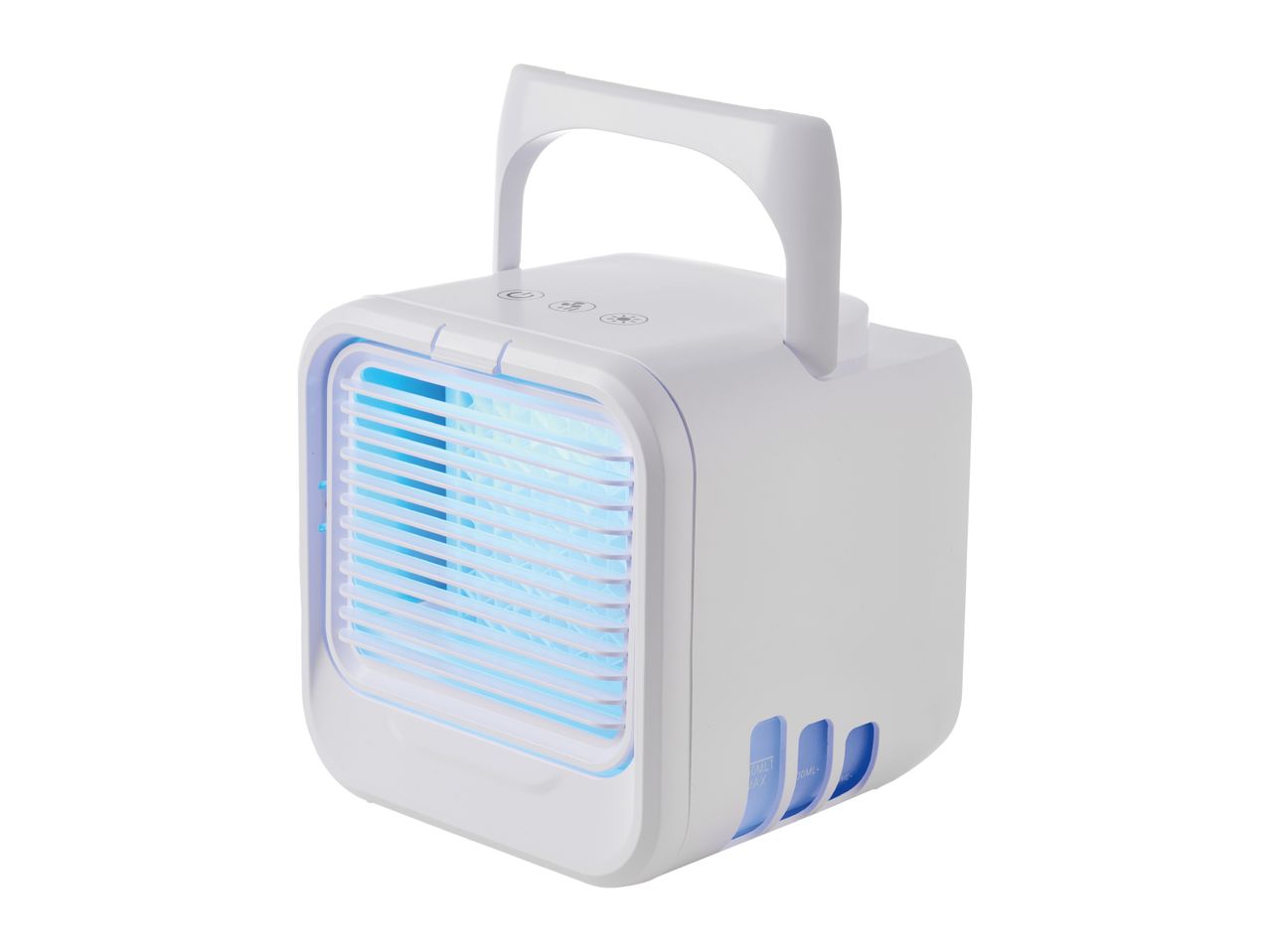 Portable white air cooler with blue light and a handle, isolated on a white background.