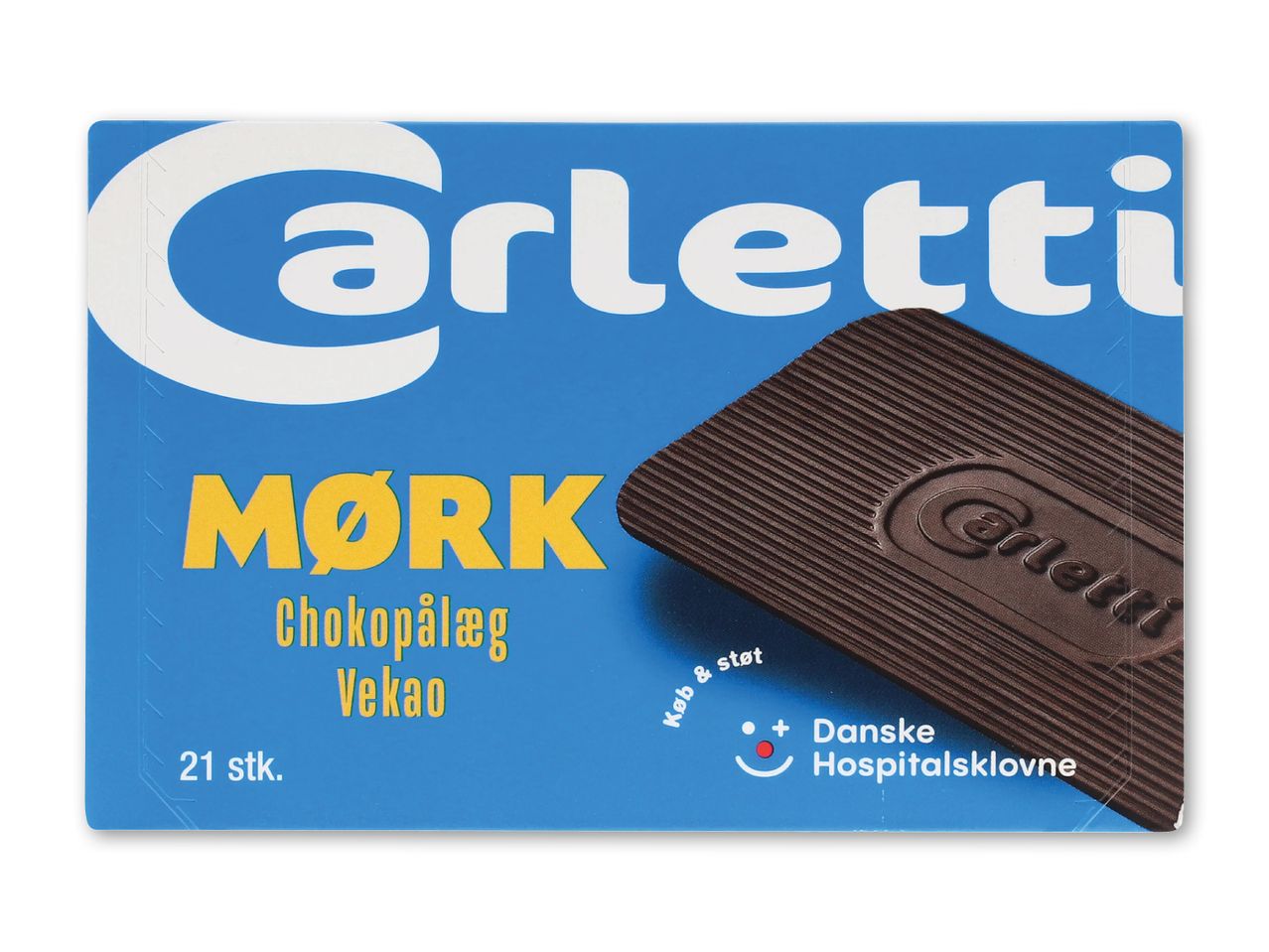 Blå pakke med mørk chokoladepålæg, 21 stk., med et logo for hospitalsklovne.