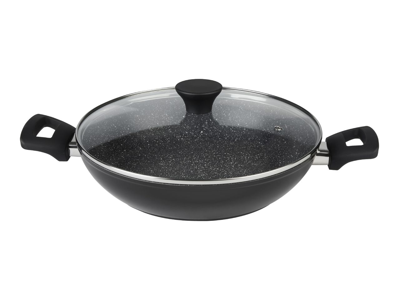 Black wok pan with a speckled non-stick coating and a glass lid, featuring two side handles.