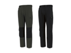 Zwei Paar Arbeitshosen in Dunkelgrün und Schwarz mit verstärkten Knien und Seitentaschen.