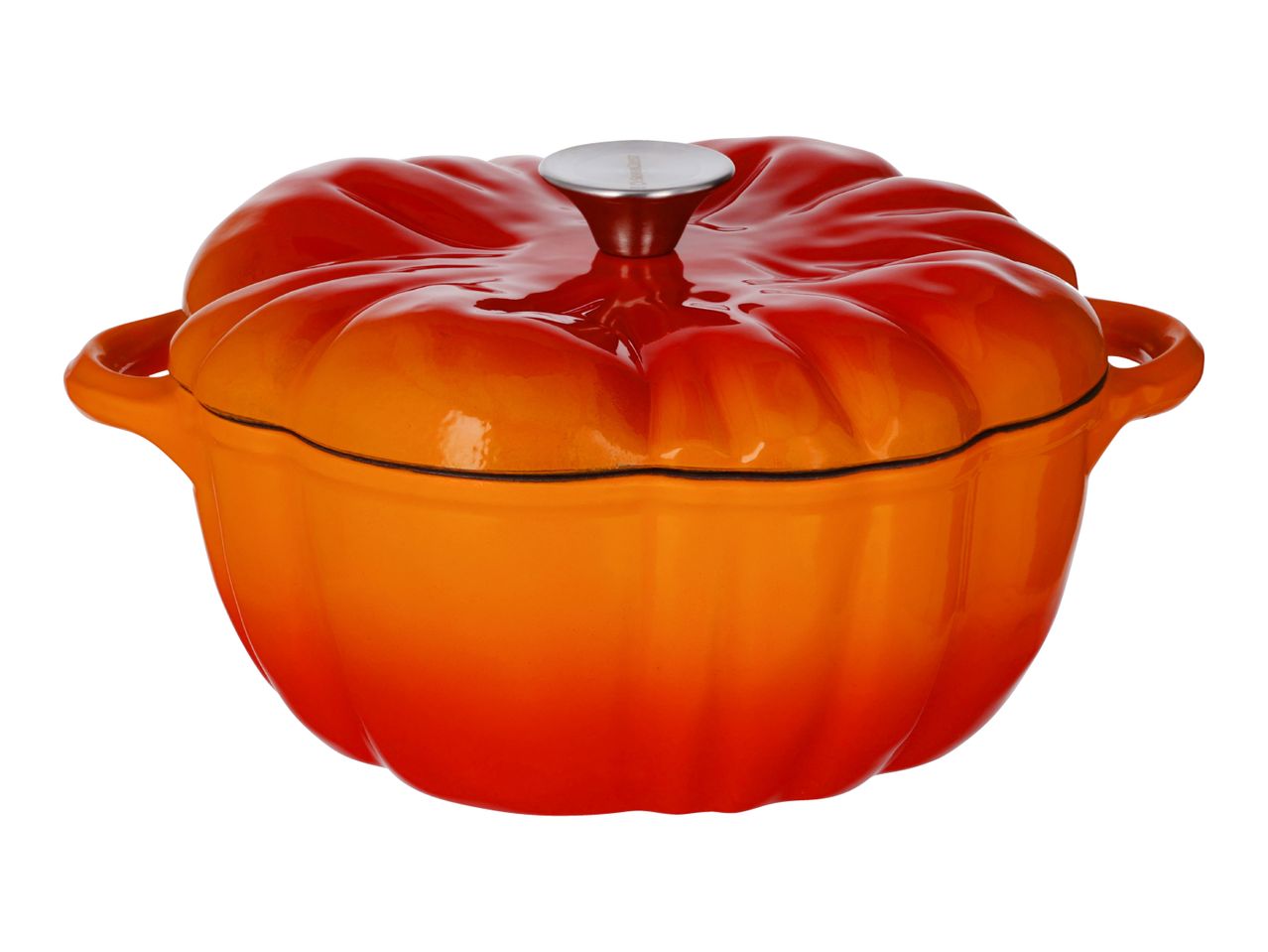 Orange and red pumpkin-shaped cast iron Dutch oven with a silver knob.