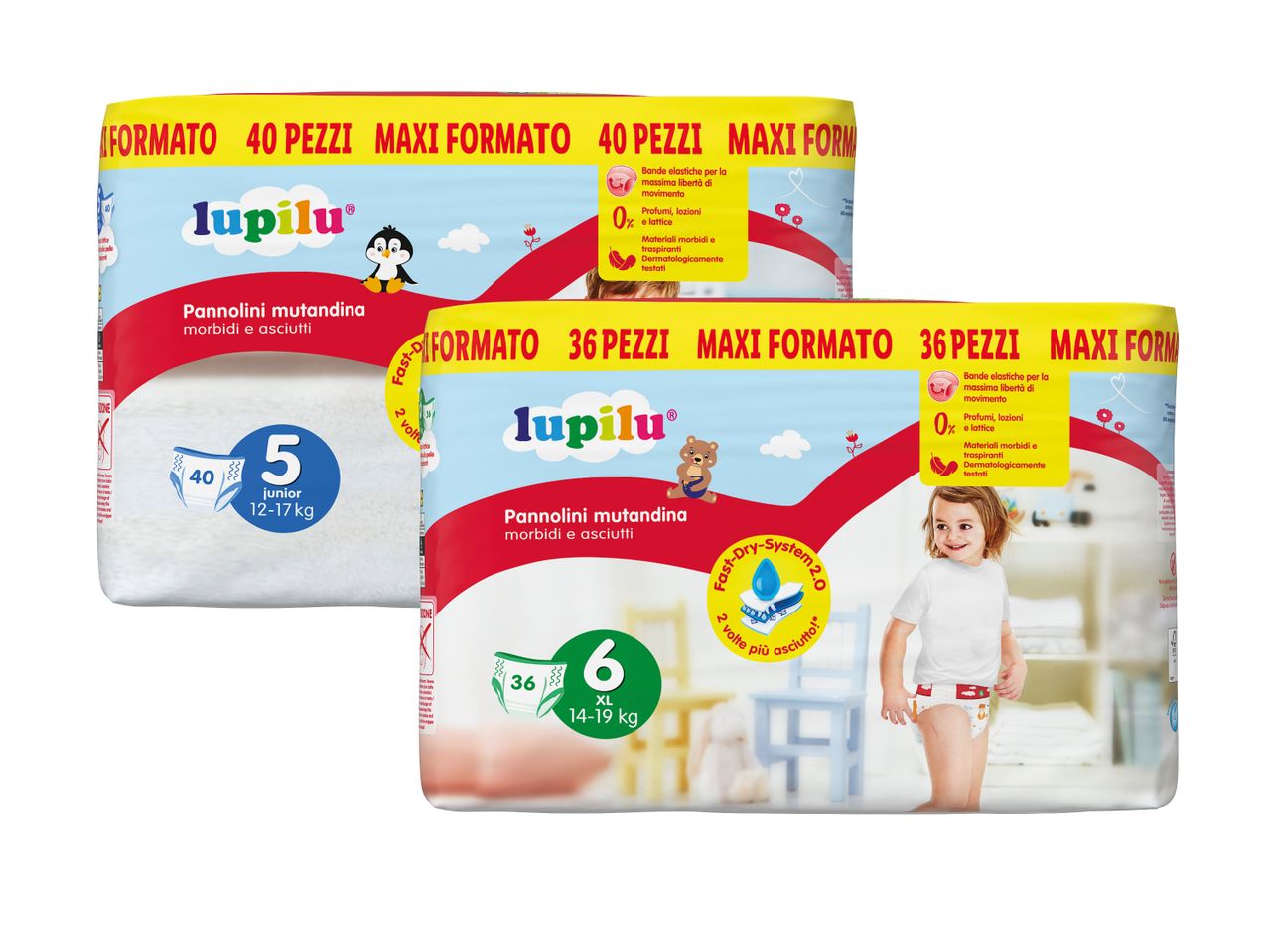 Confezioni di pannolini a mutandina Lupilu, una taglia 5 (12-17 kg) e una taglia 6 (14-19 kg).