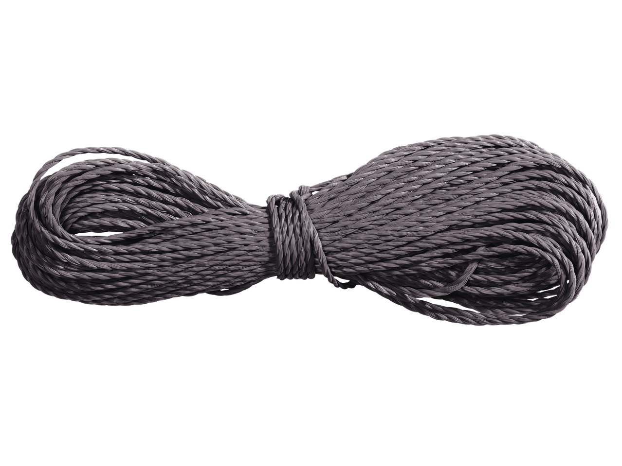 Coiled grey rope or cord, tied in the middle, on a black background.