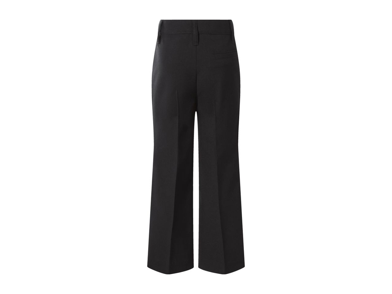 Black wide-leg trousers with a flat front and back pockets.