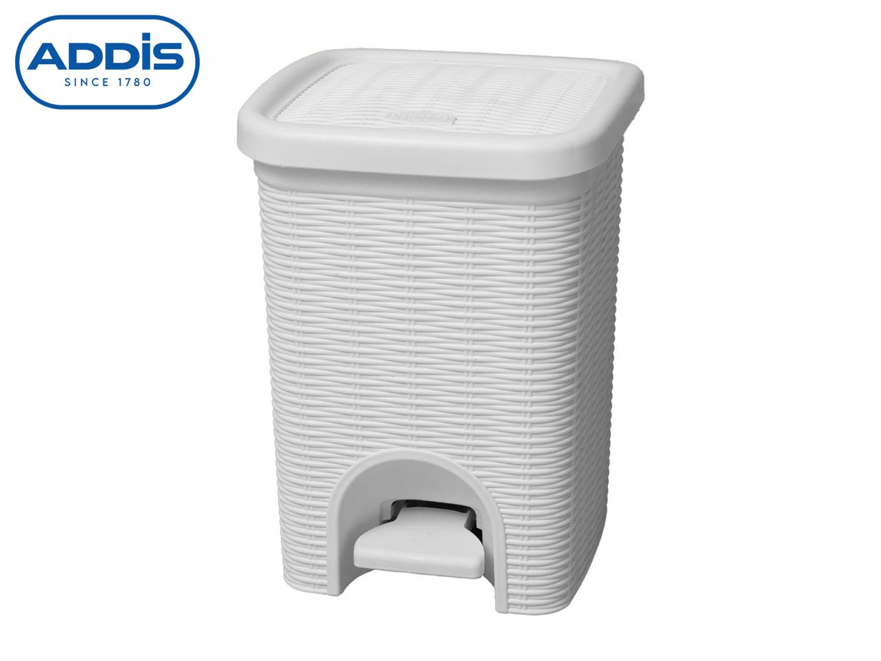 White rattan-style pedal bin with a textured lid.