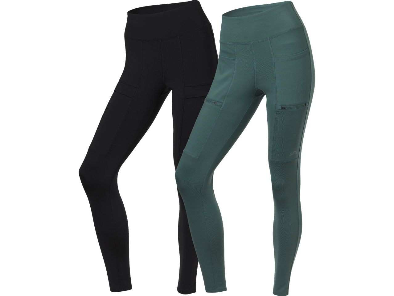 Två par leggings, ett svart och ett grönt, med fickor och dragkedjor.