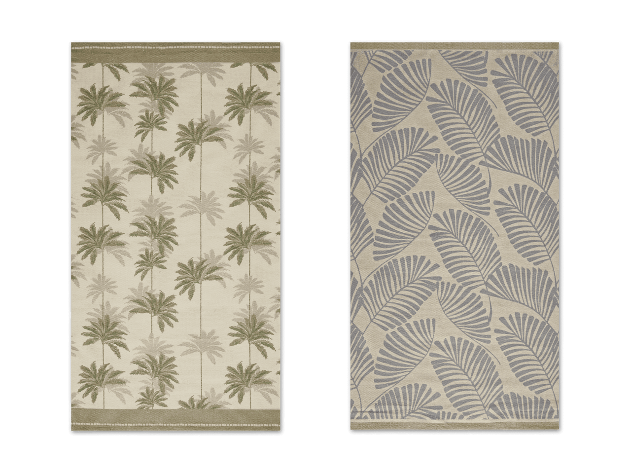 Zwei Teppiche mit Palmen- und Blattmustern in Grün- und Grautönen.