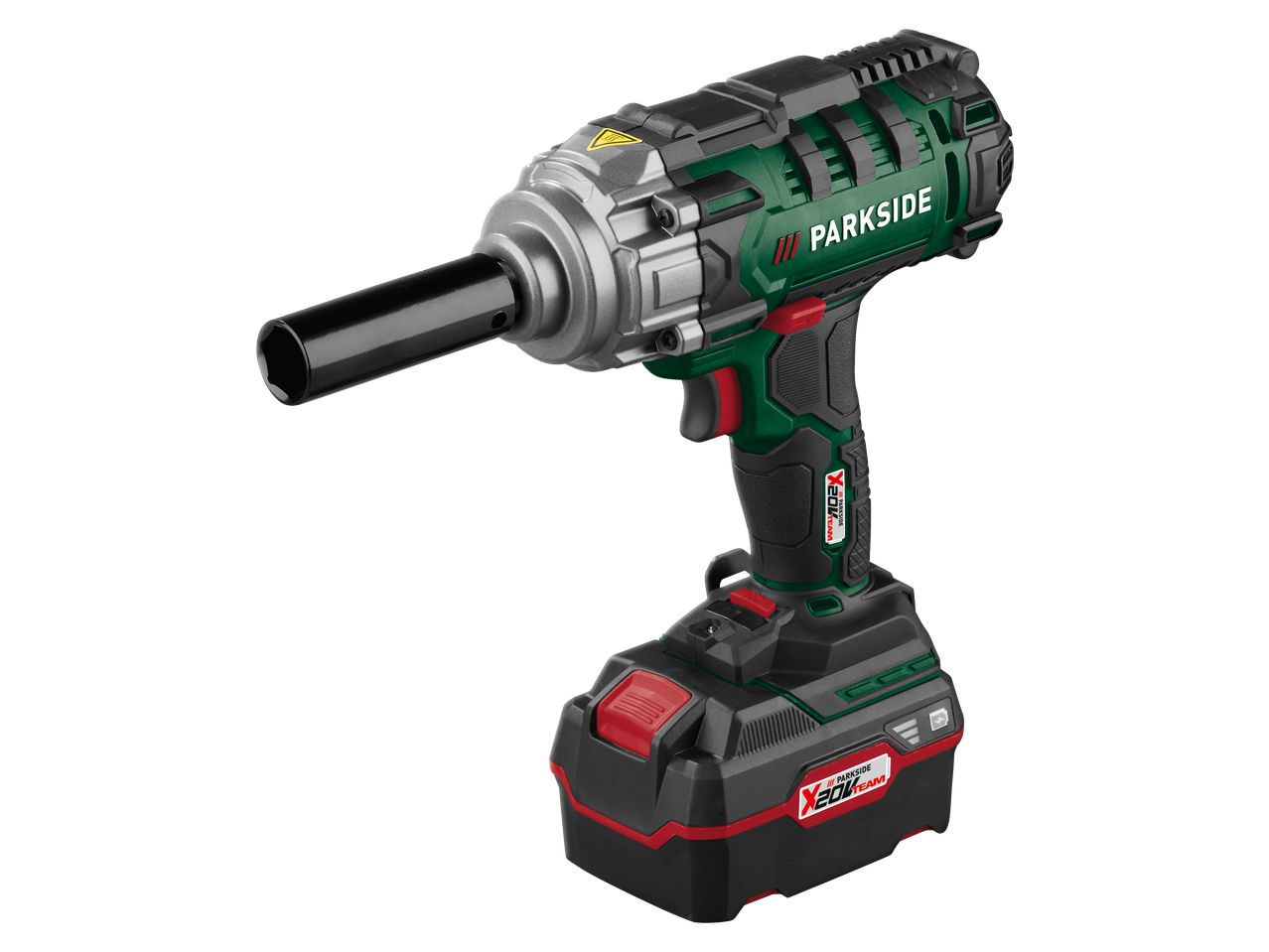 PARKSIDE sladdlös slagnyckel X20V Team med batteri på svart bakgrund.