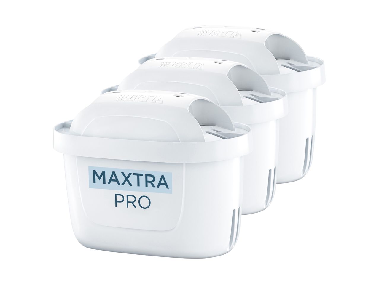 Three white water filter cartridges, with 'MAXTRA PRO' text on the front one.