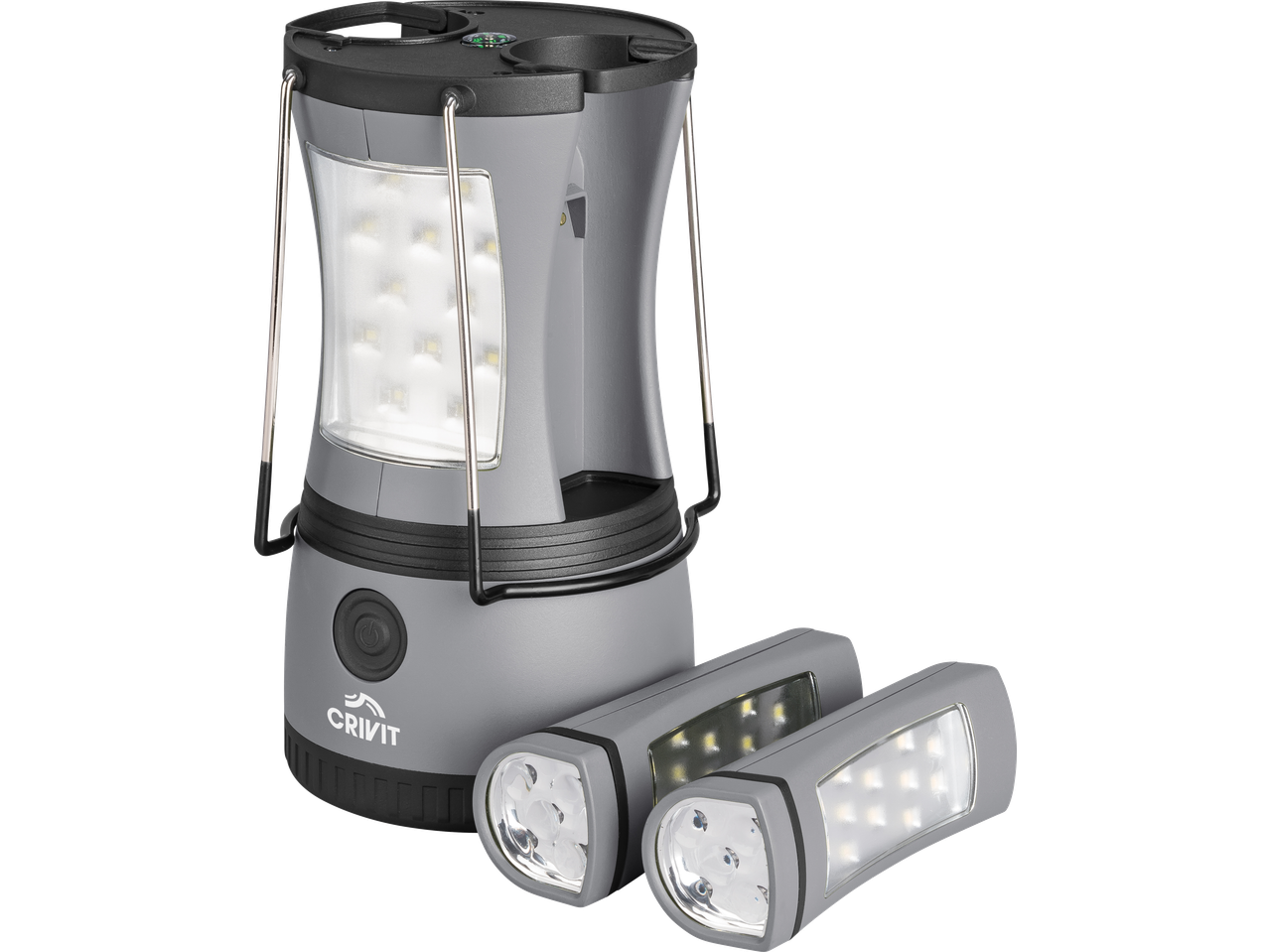 CRIVIT 2-in-1 Camping Light: a grey lantern with two detachable flashlights.