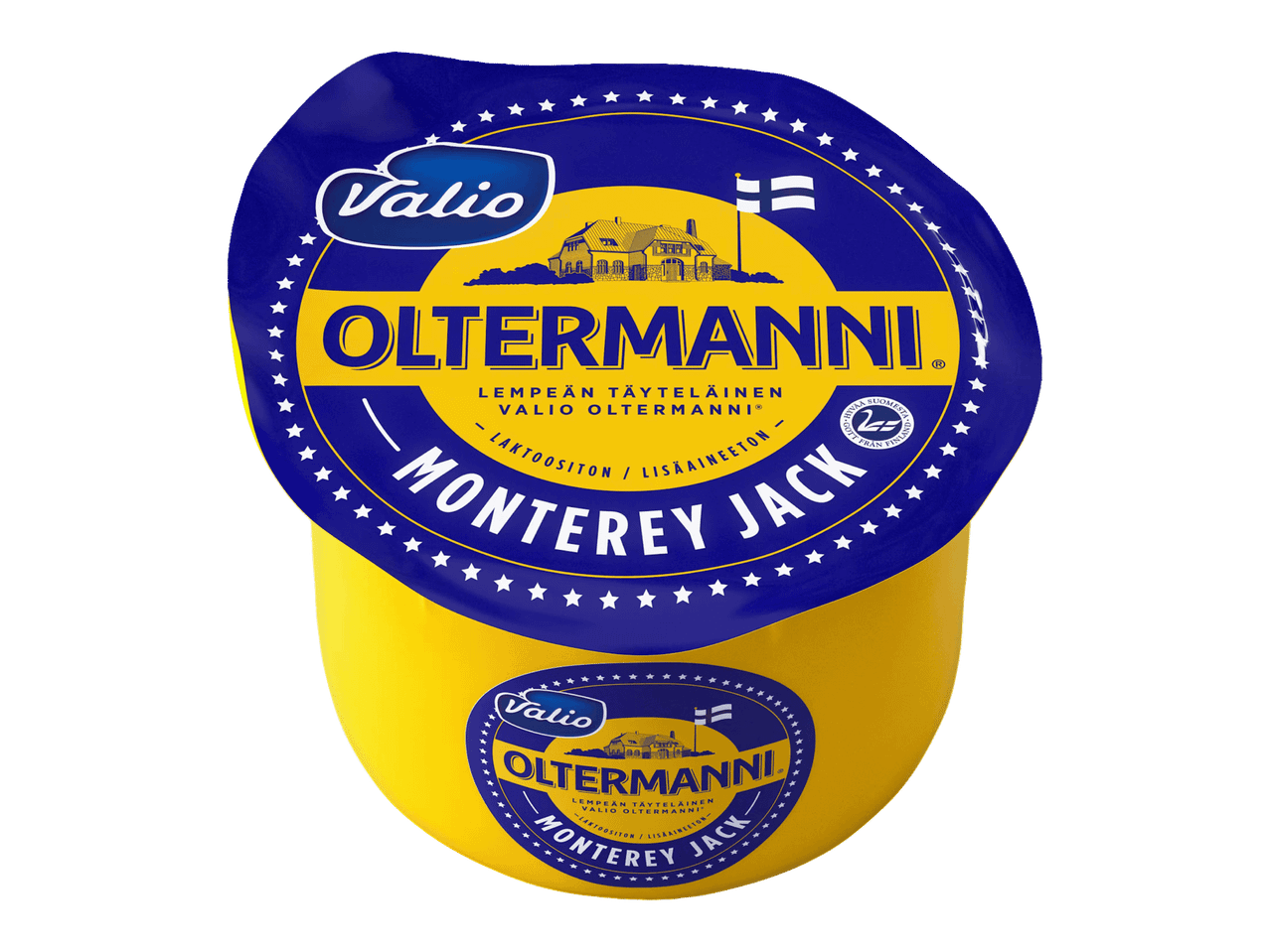 Valio Oltermanni Monterey Jack -juusto, keltainen pakkaus sinisellä etiketillä.