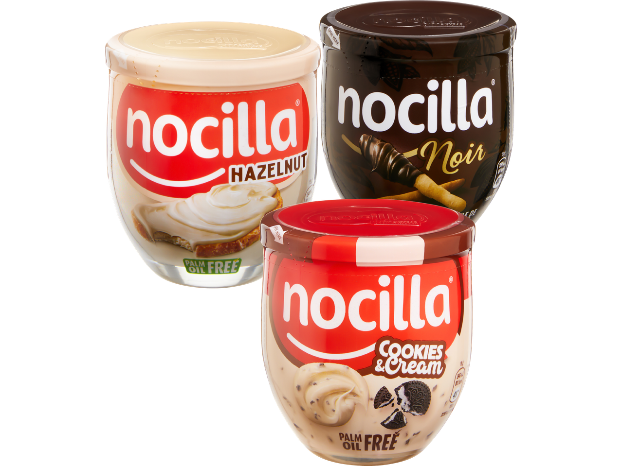 Tre burkar med choklad- och nötkräm i smakerna hasselnöt, mörk choklad och cookies & cream.