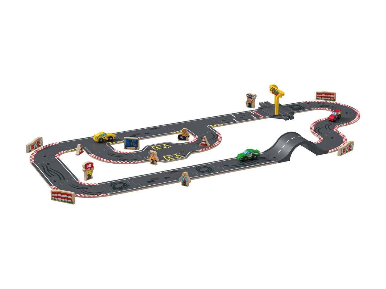 A wooden race track toy set with cars, figures, and accessories.