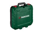 A green Parkside tool case with a black handle and red latches.