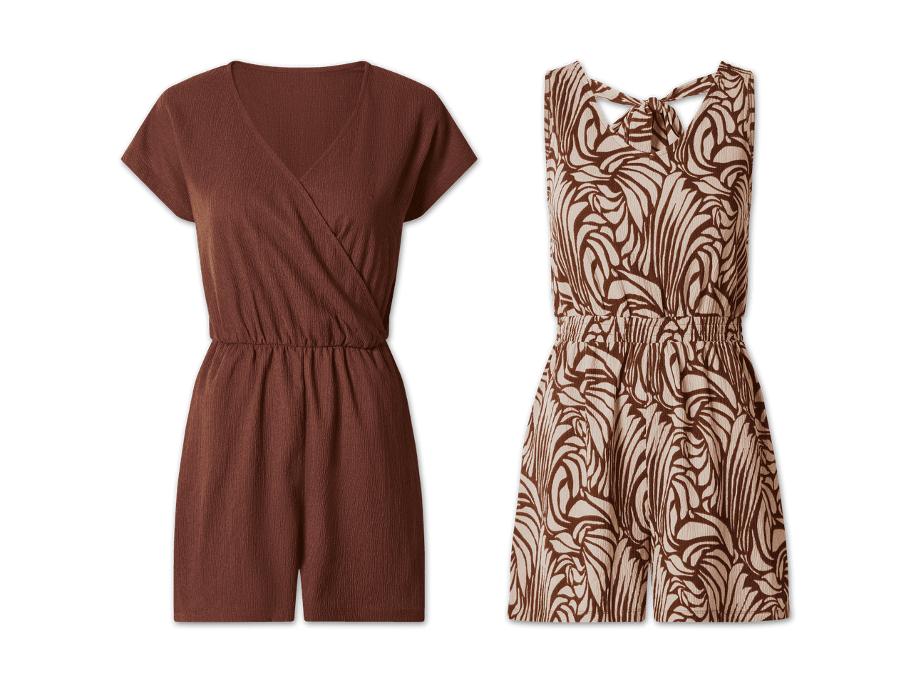 Zwei Damen-Jumpsuits: einfarbig braun und braun-beige gemustert.