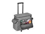 Grey sewing machine trolley bag with wheels, telescopic handle, and open front pocket