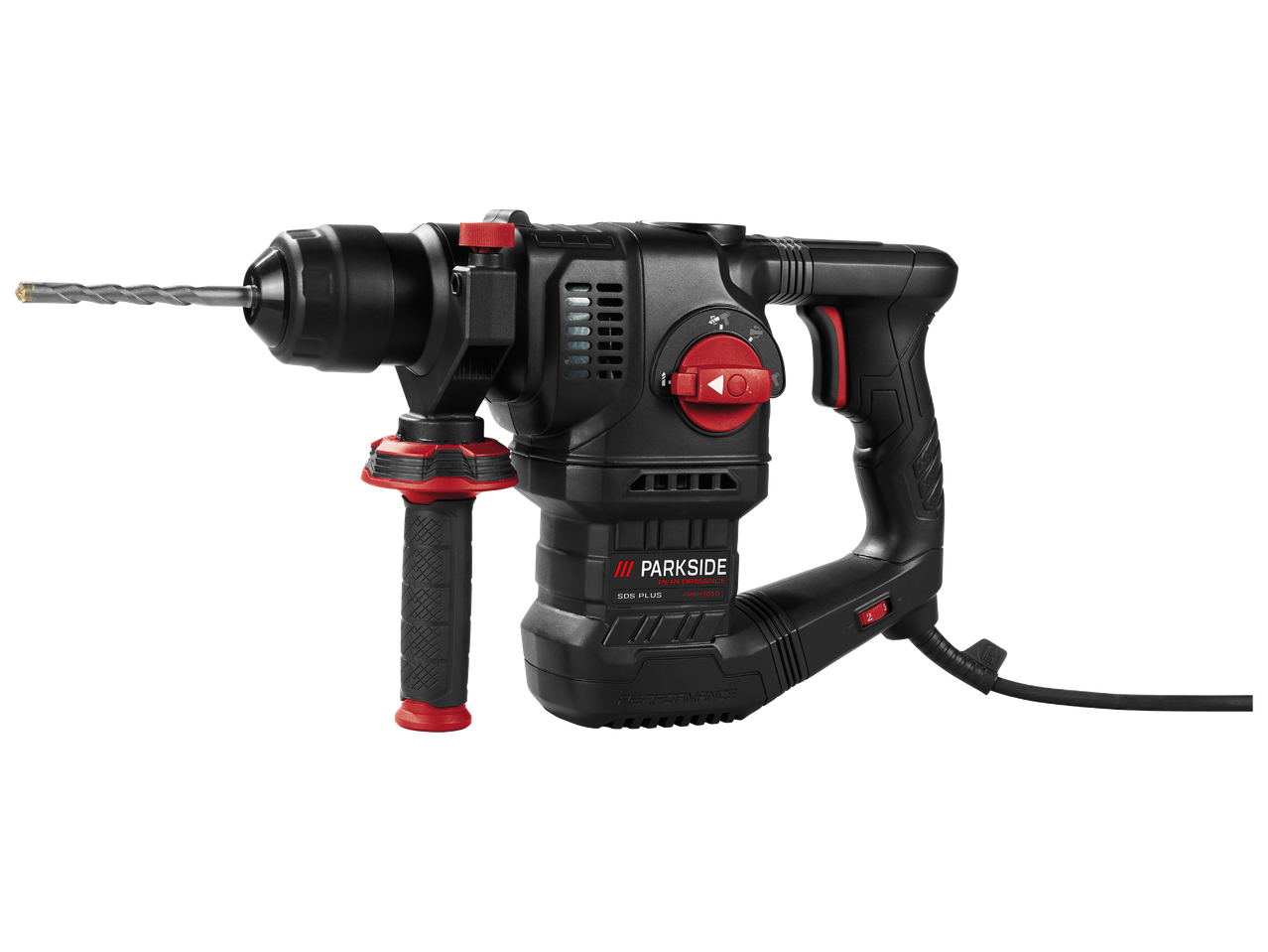 Черен перфоратор с червени акценти и свредло, готов за употреба.