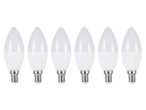 Six white LED light bulbs with screw bases in a row.