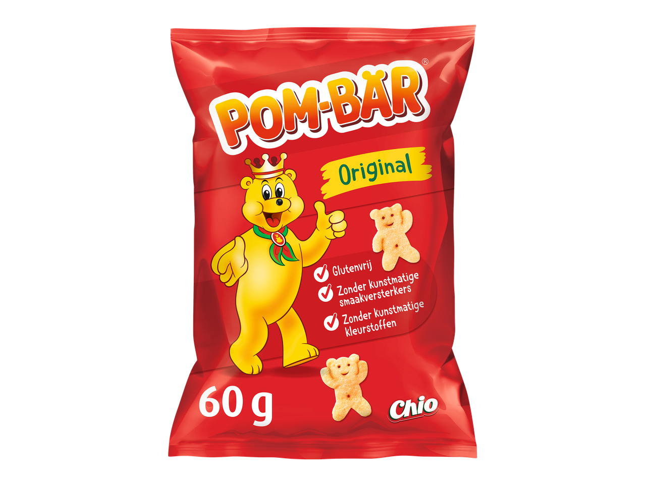 Een rode zak met Pom-Bär Original beervormige chips, met een cartoonbeer en de tekst '60 g'.