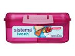 Pink lunchbox with a bento cube insert, filled with a sandwich, fruit, and crackers.