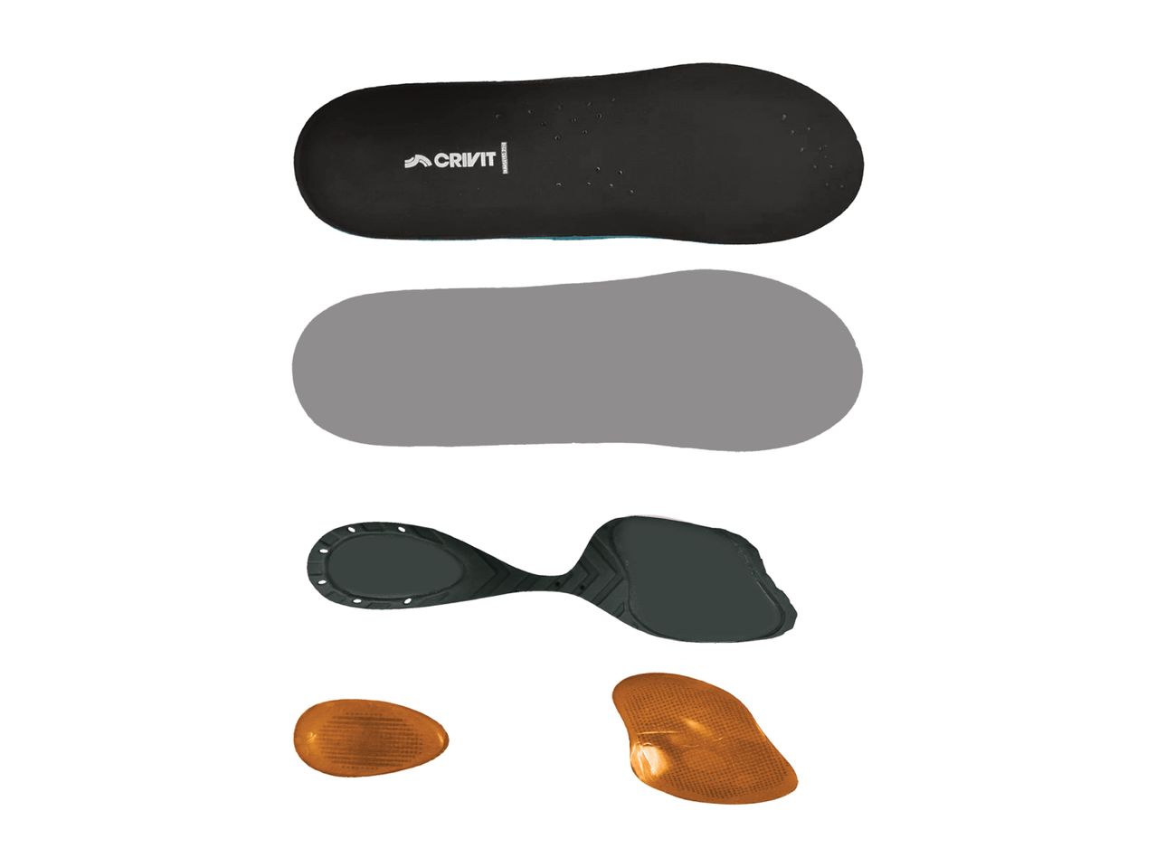 Crivit insole components: top layer, midsole, heel and arch supports.
