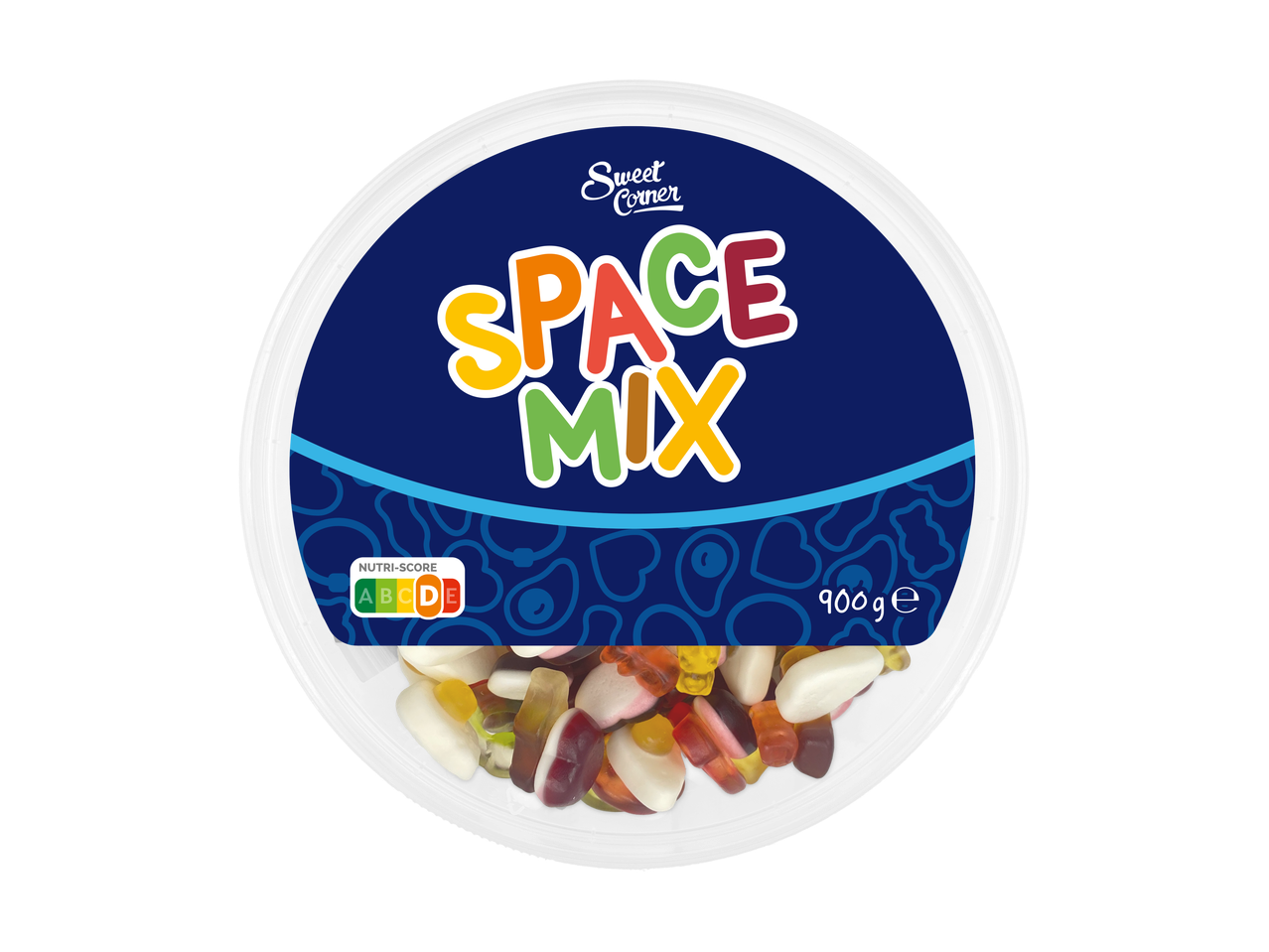 Sweet Corner Space Mix fruitgommix in een ronde verpakking met Nutri-Score D en 900g.