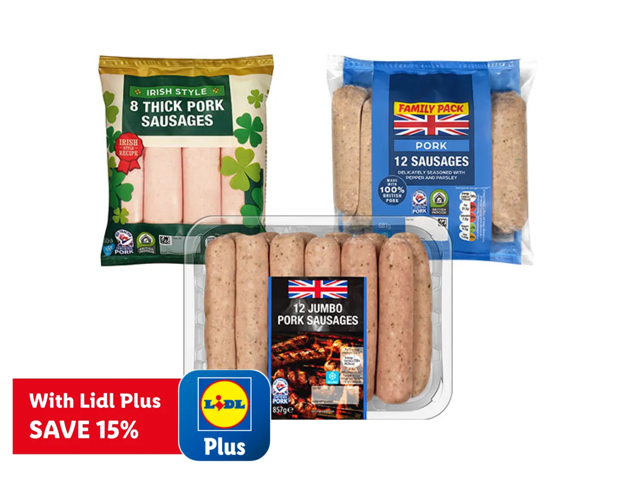 Three packs of pork sausages, including Irish style and jumbo varieties, with a Lidl Plus discount offer.