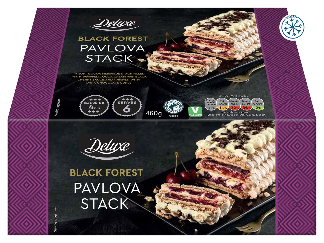 Frozen Black Forest Pavlova Stack with cocoa meringue, cream, cherry sauce, and chocolate curls.