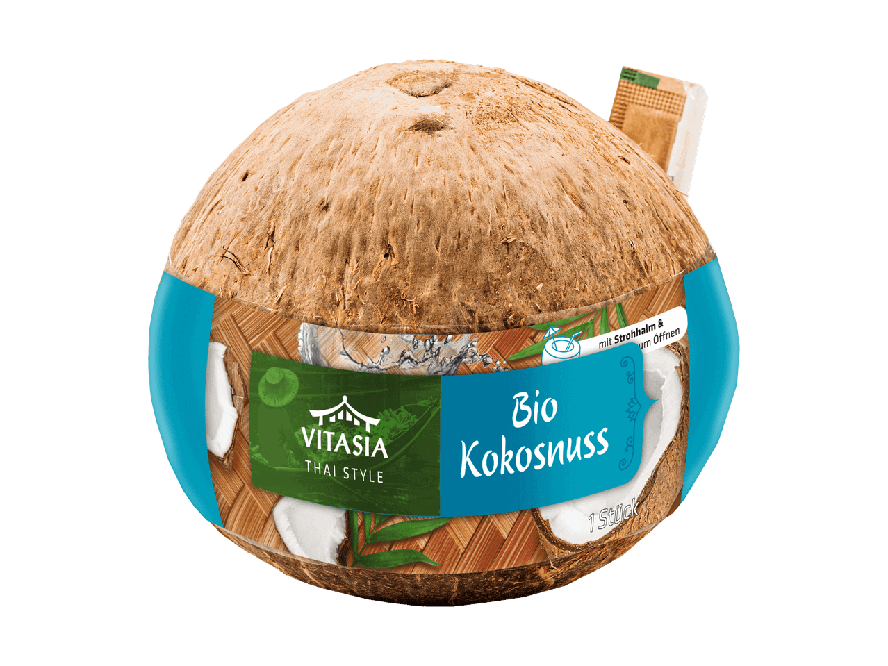 Bio-Kokosnuss mit Strohhalm und Öffnungshilfe, im thailändischen Stil verpackt.