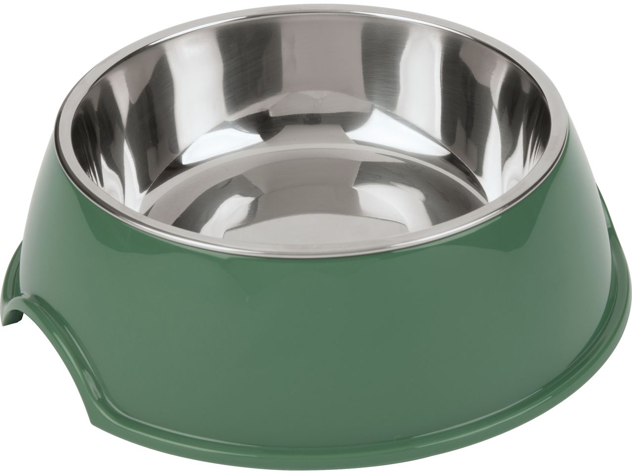 A green pet bowl with a stainless steel insert.