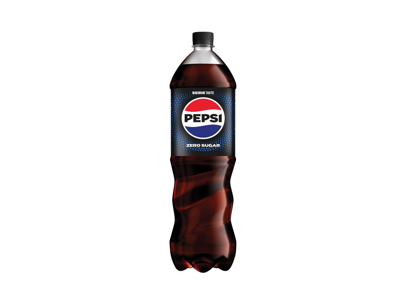 Μπουκάλι Pepsi Zero Sugar με μαύρη ετικέτα και μπλε κουκκίδες.