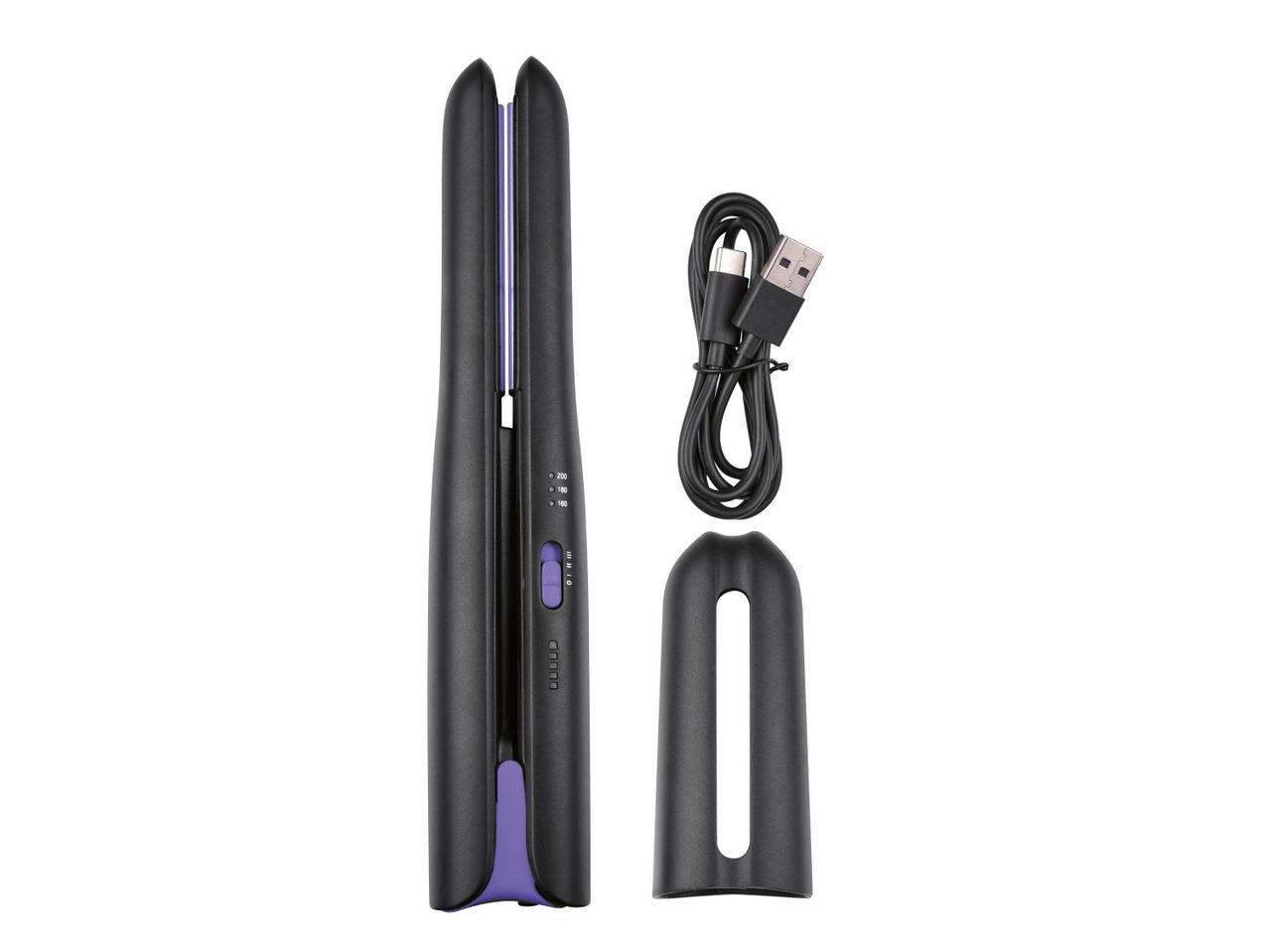 A black and purple cordless hair straightener with its charging cable and protective cap.