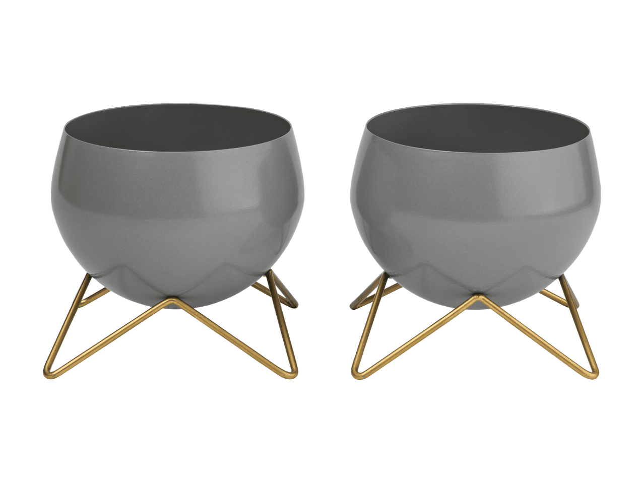 To grå, runde plantekrukker med gyldne metalstativer.