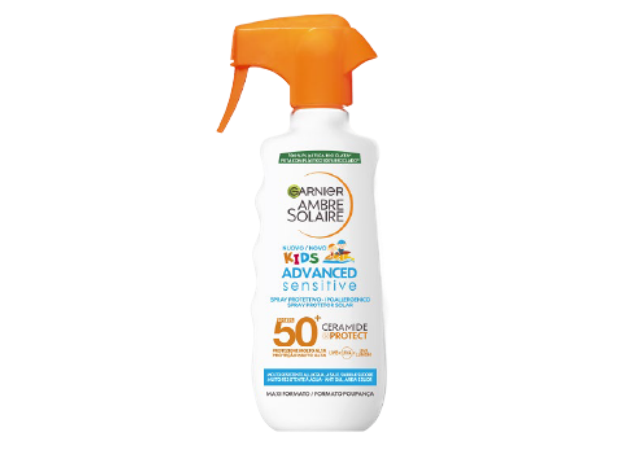 Spray protetor solar infantil com FPS 50+ e ceramida, resistente à água.