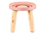Banquinho rosa com pernas de madeira e padrão de arco-íris.