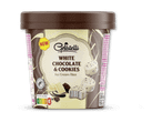 Hvid chokolade- og cookie-isbidder i en brun beholder med Nutri-Score E.